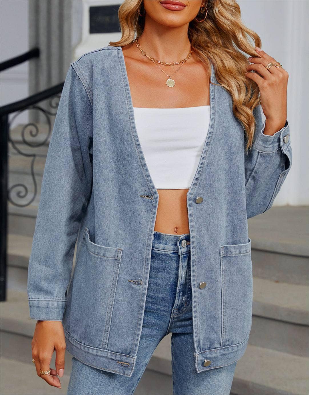 V Neck Denim Jacket