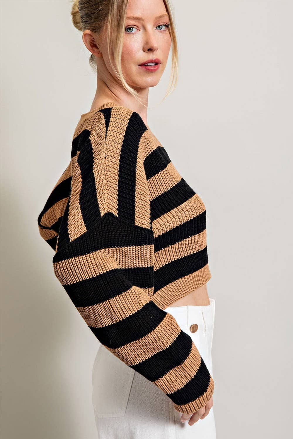 Black + Camel Striped Cropped Sweater