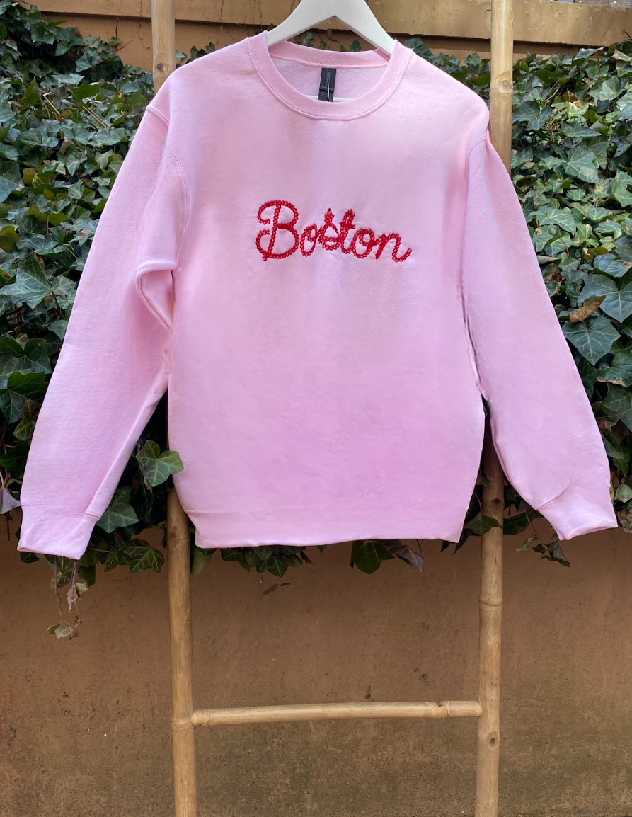 Pink + Red "Boston" Chain Stitch Embroidered Sweatshirt