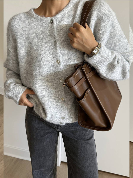 Grey Wool Round Neck Cardigan