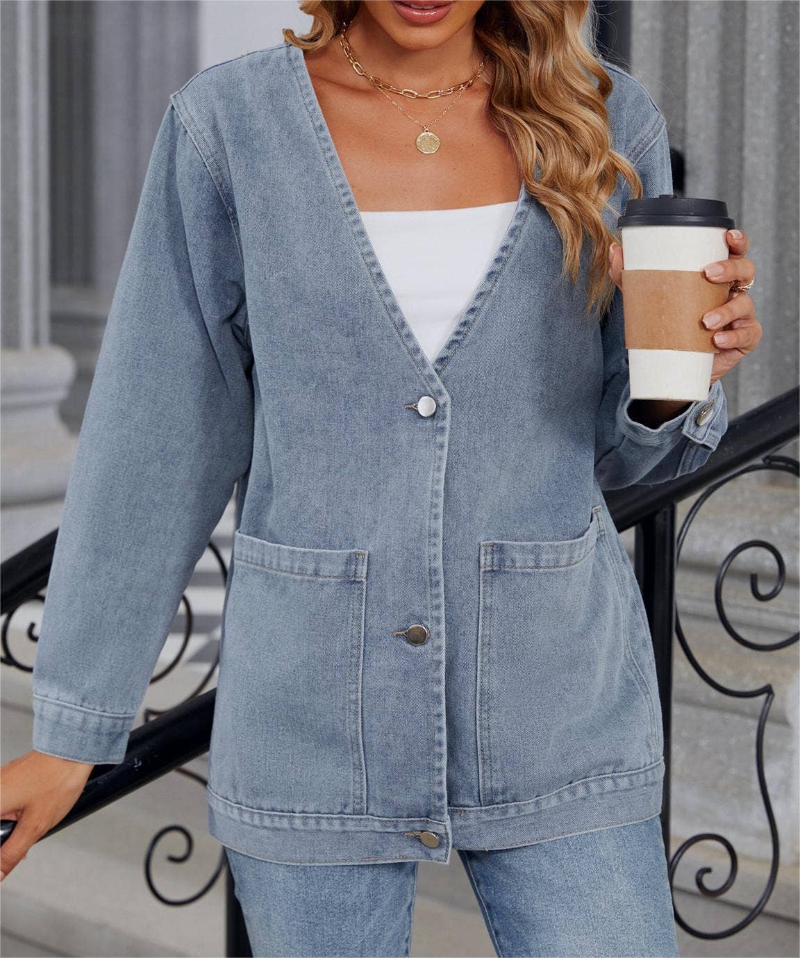 V Neck Denim Jacket