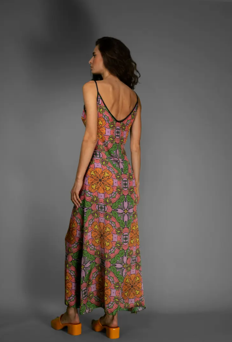 Orange Floral Satin Slip Dress