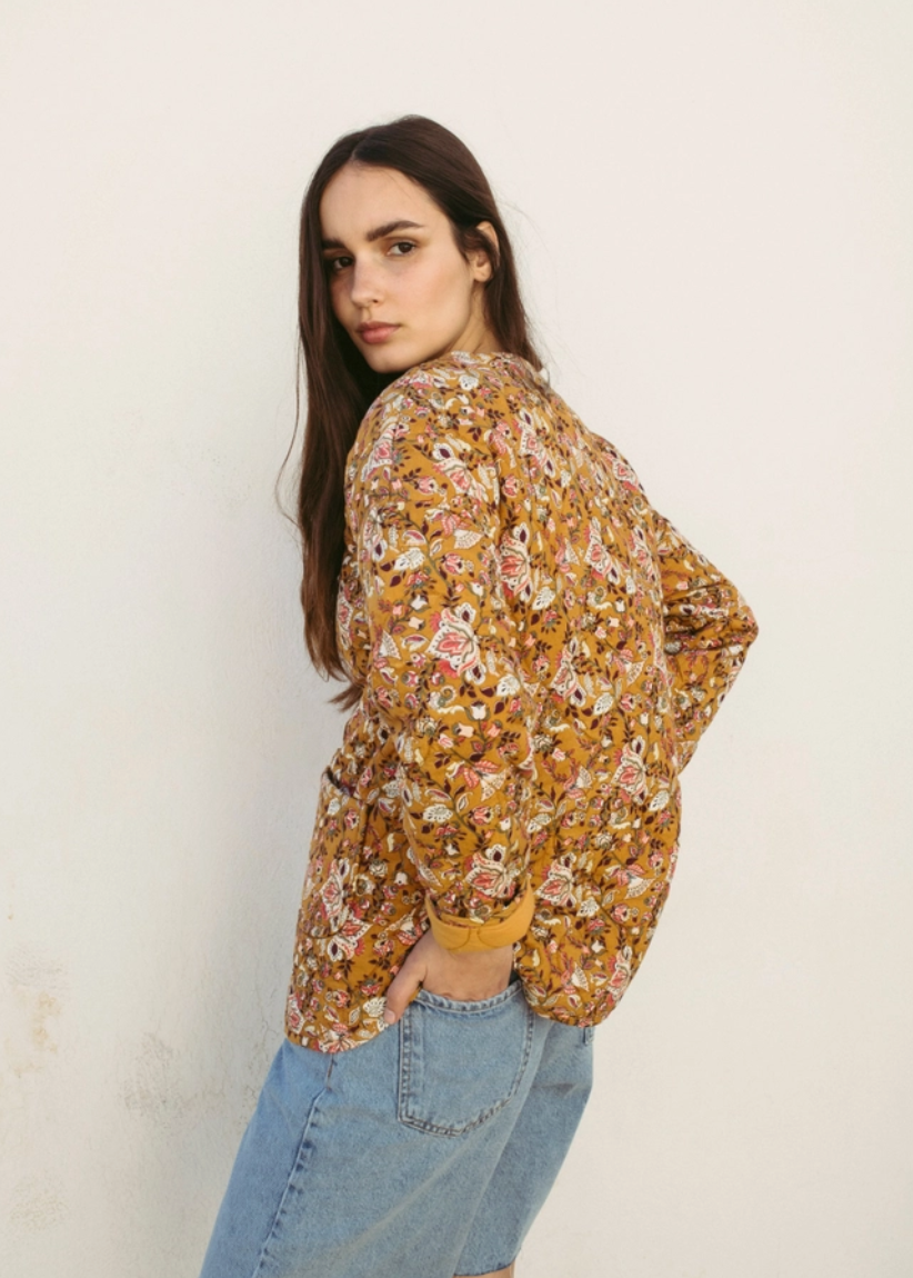 Mustard Quilted Printed Jacket