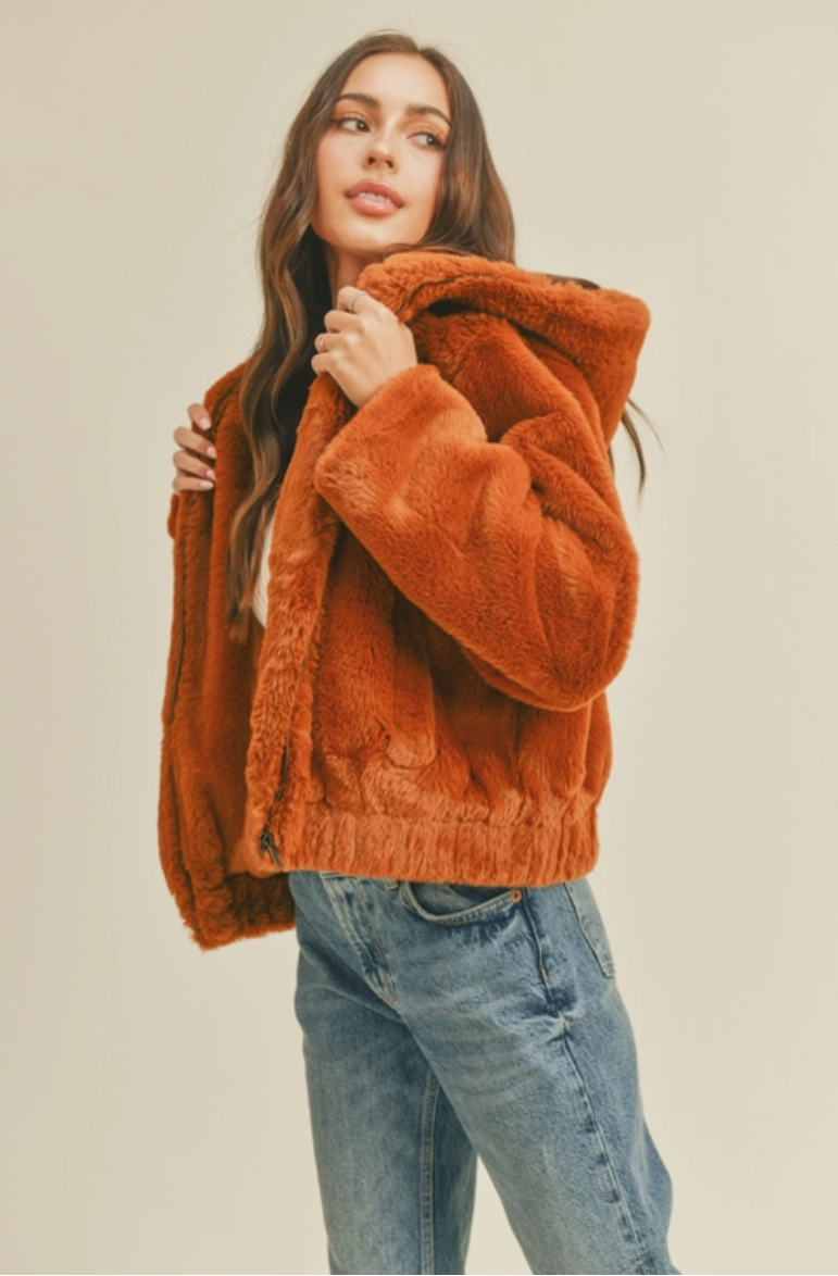 Lush Clothing Burnt Orange Faux Fur Jacket Large