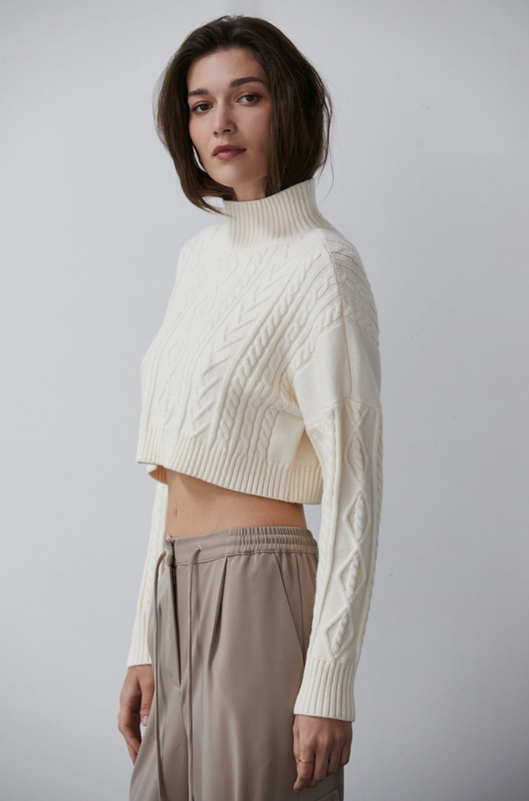 Cable Knit Turtle Neck Crop Sweater