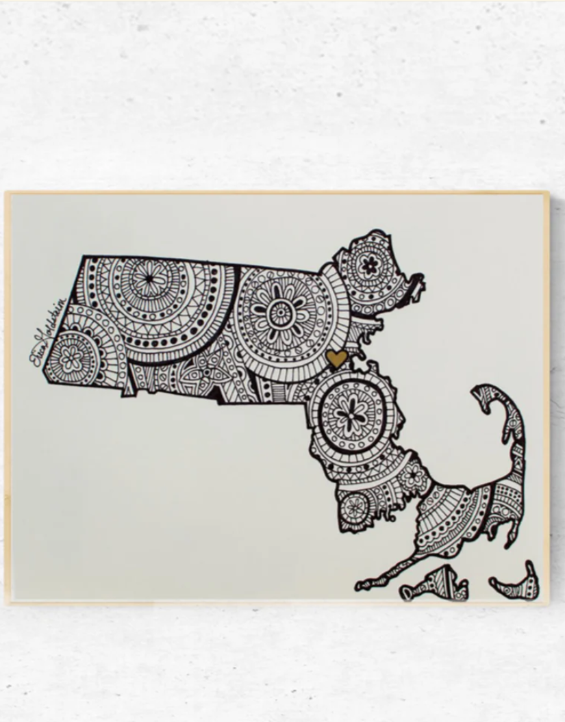 Map of Massachusetts Print (Black + White)