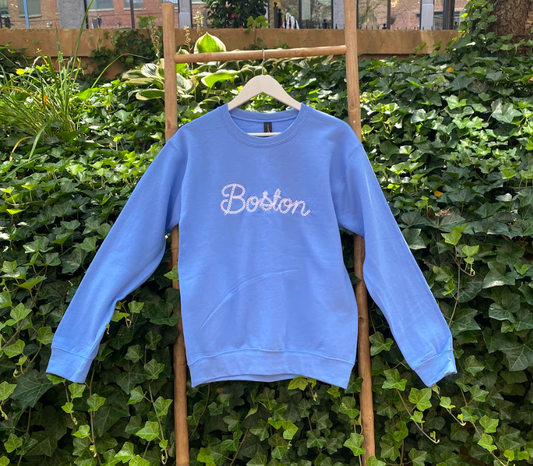Blue + White "Boston" Chain Stitch Embroidered Sweatshirt