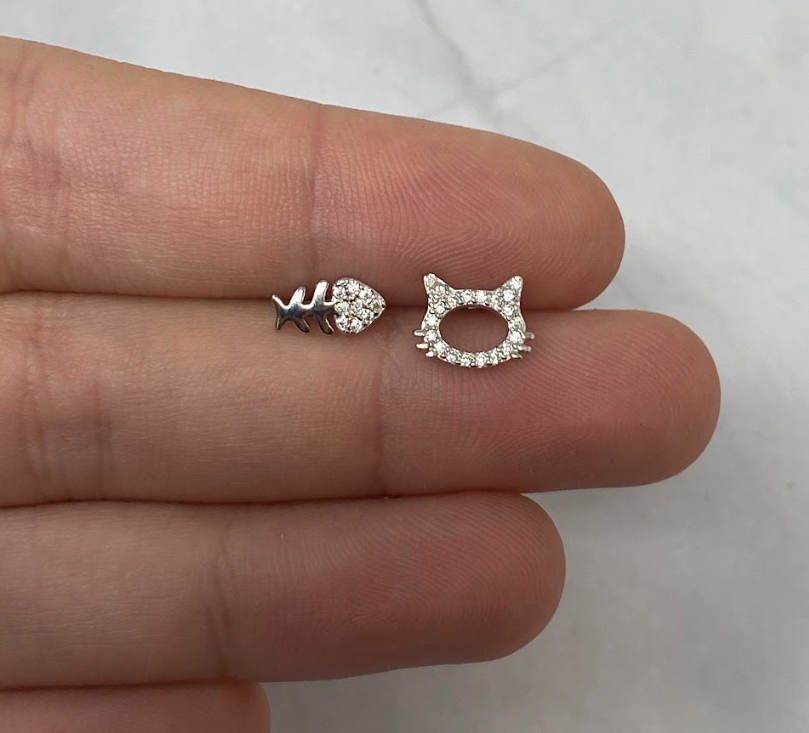 Silver CZ Cat & Fishbone Studs