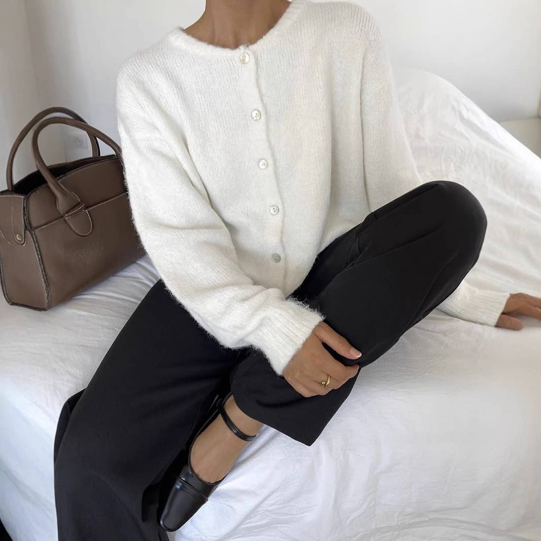 White Wool Round Neck Cardigan