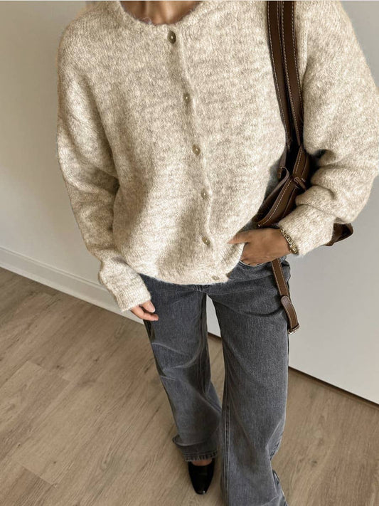 Beige Wool Round Neck Cardigan