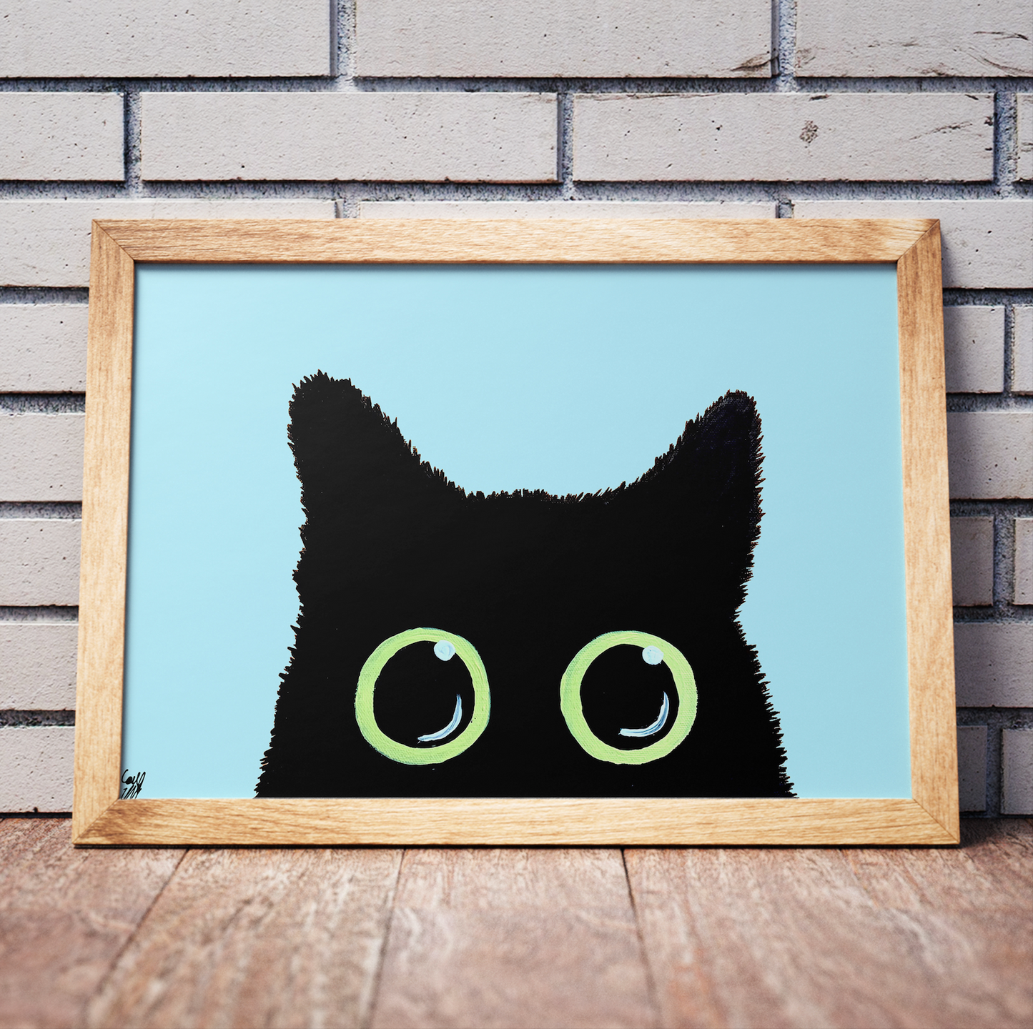 Black Cat Blue Background 5"x7" Print