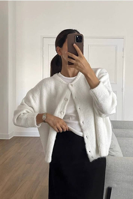 White Wool Round Neck Cardigan