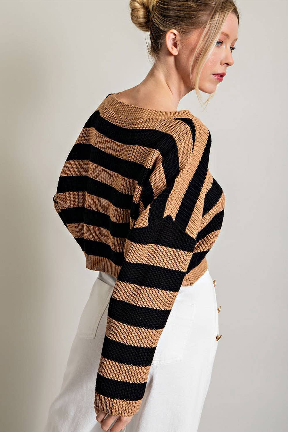 Black + Camel Striped Cropped Sweater
