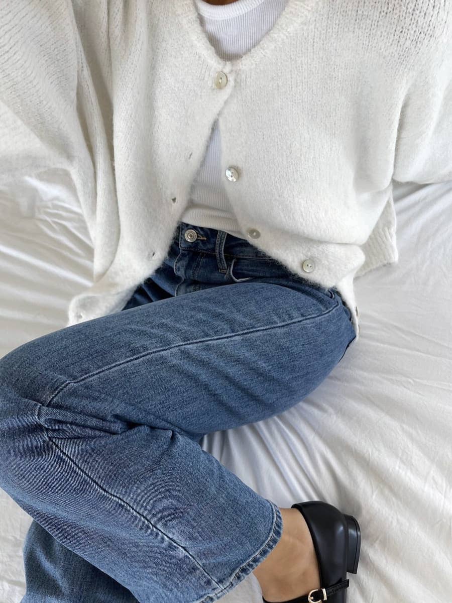 White Wool Round Neck Cardigan