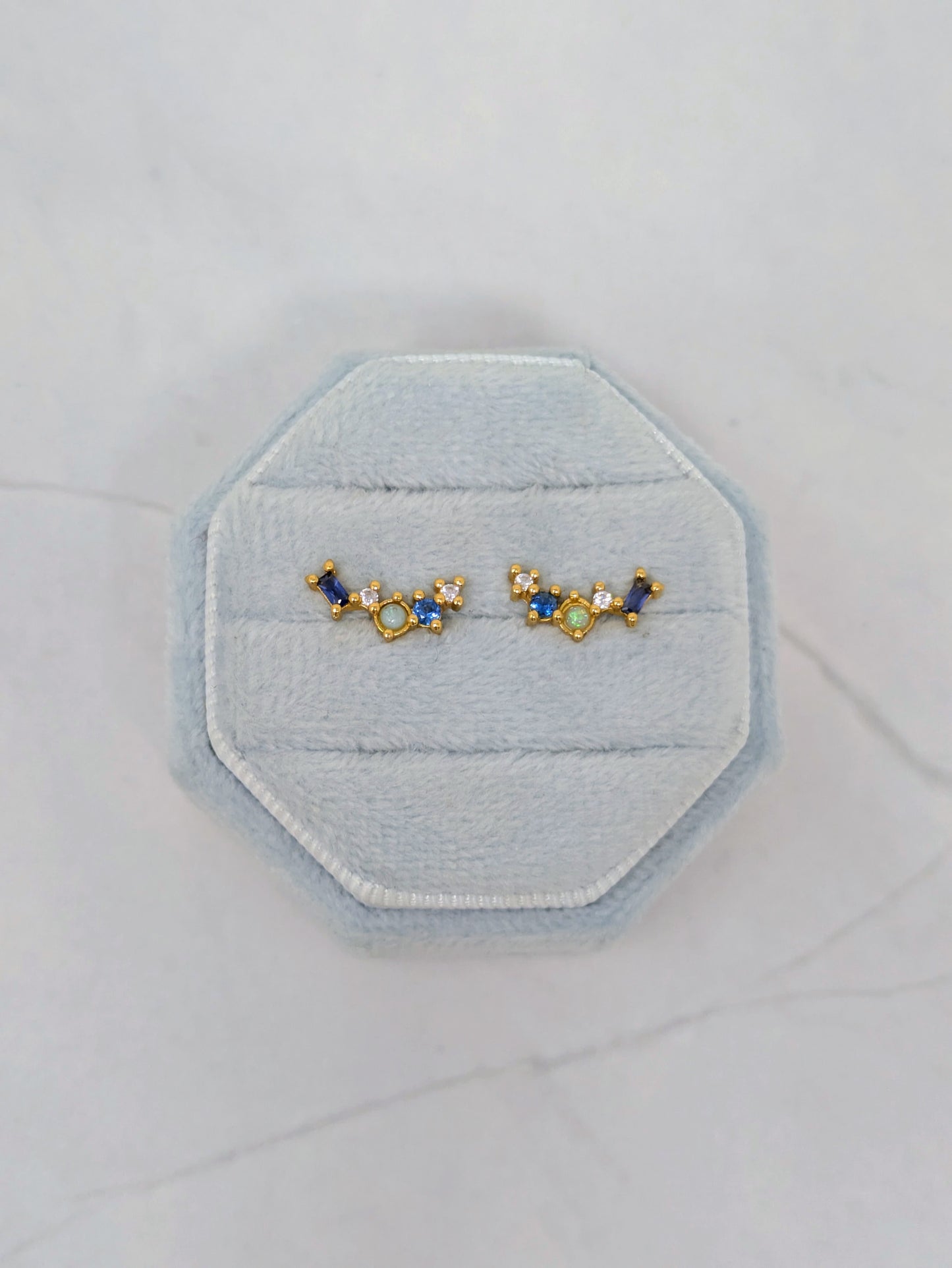 Yellow Gold Blue CZ + Opal Cluster Studs