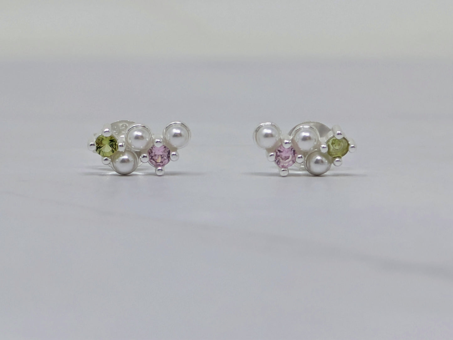 Silver Pearl, Peridot & Pink CZ Studs