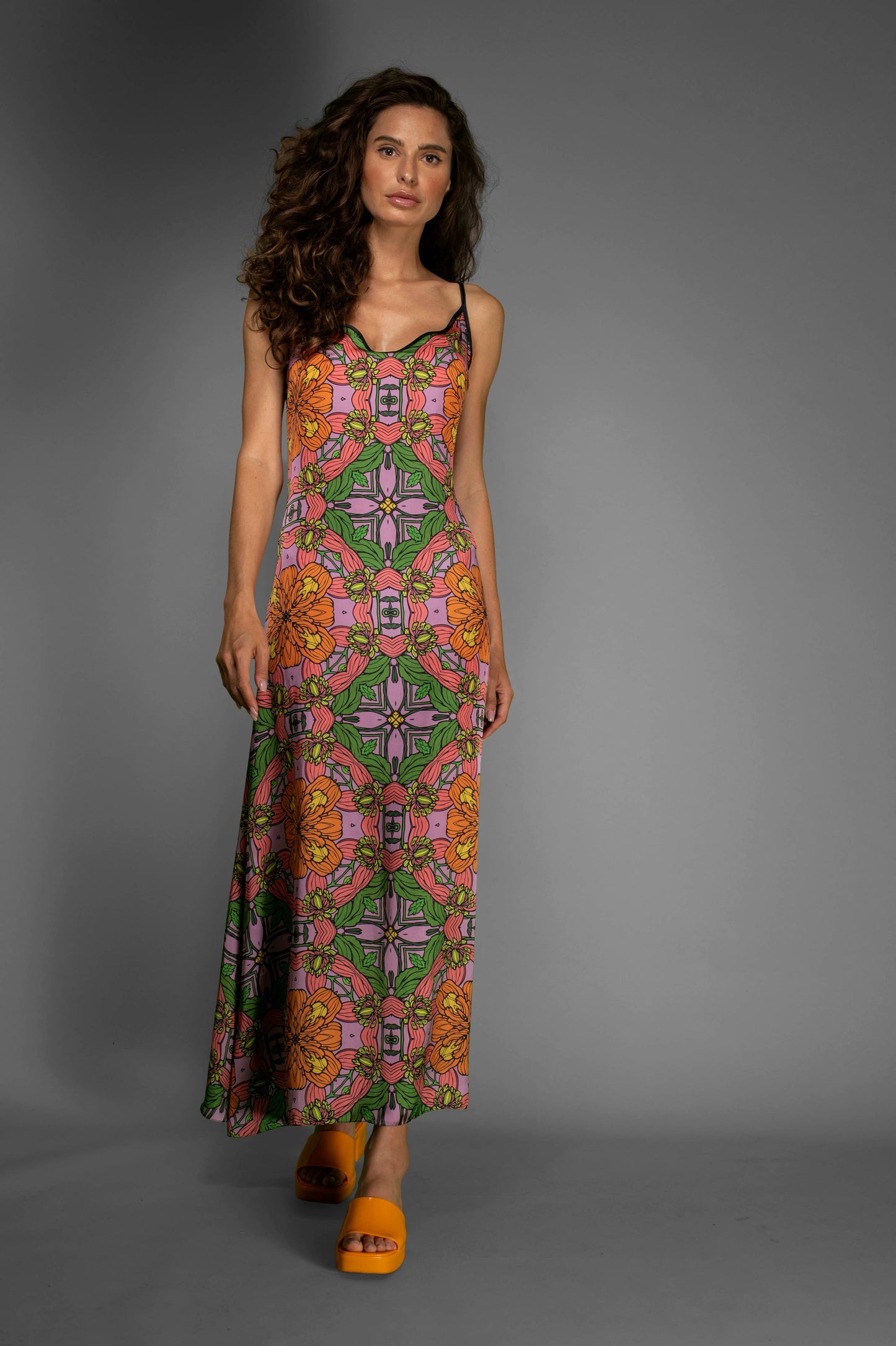 Orange Floral Satin Slip Dress