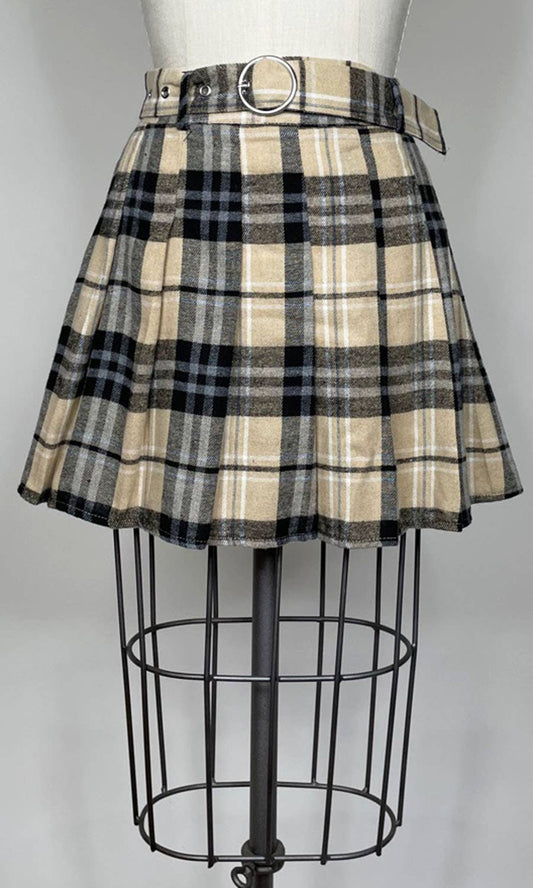 Grey and Taupe Pleated Plaid Skirt
