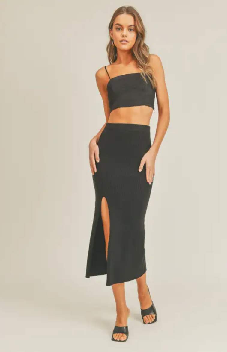Black Ribbed Midi Skirt