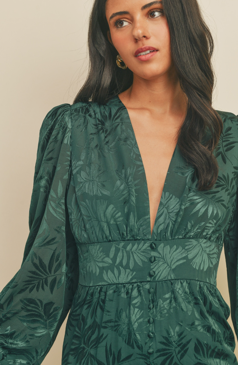 Emerald Green Jacquard Deep V Mini Dress