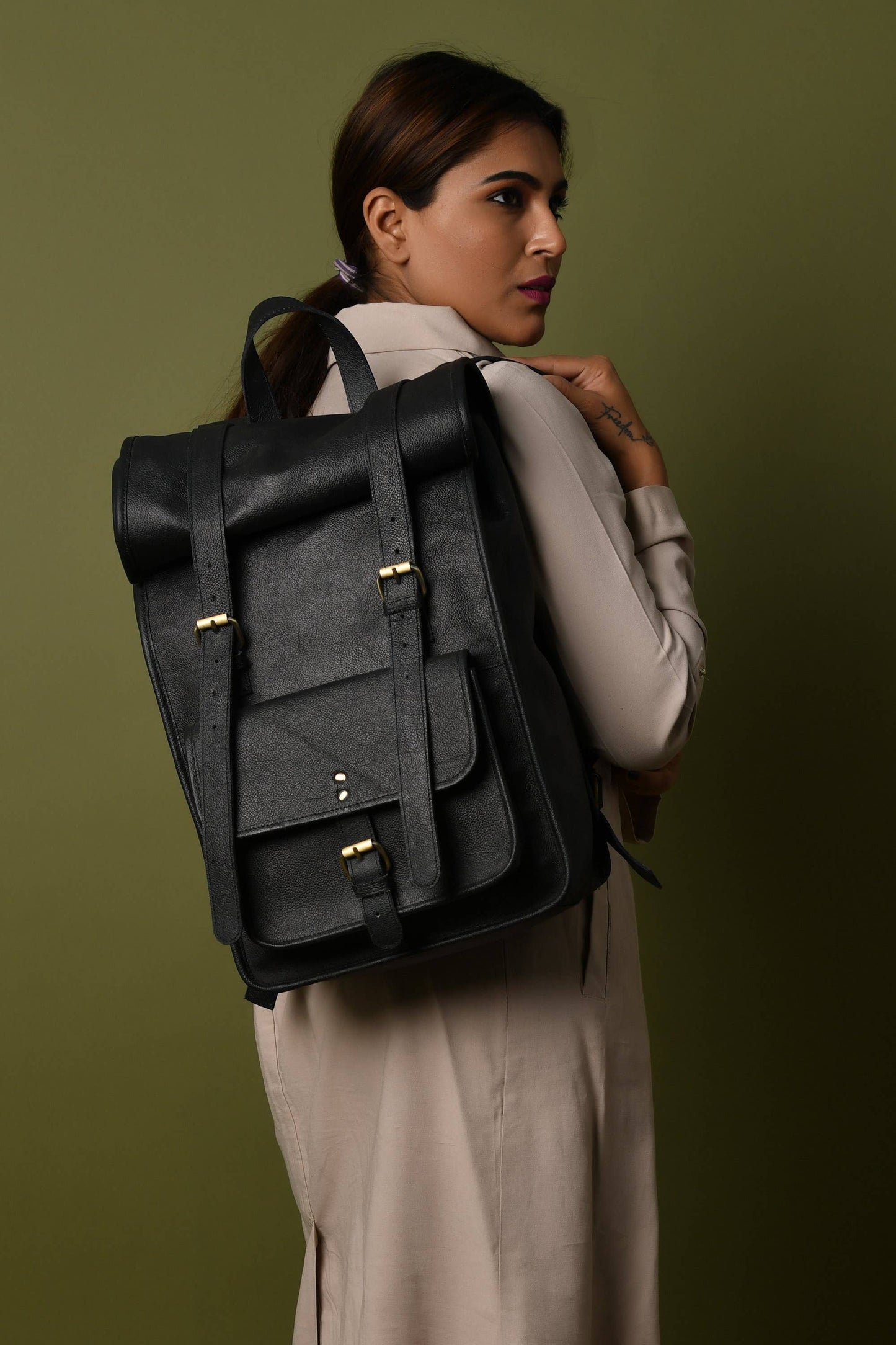 Black Leather Rolltop Backpack