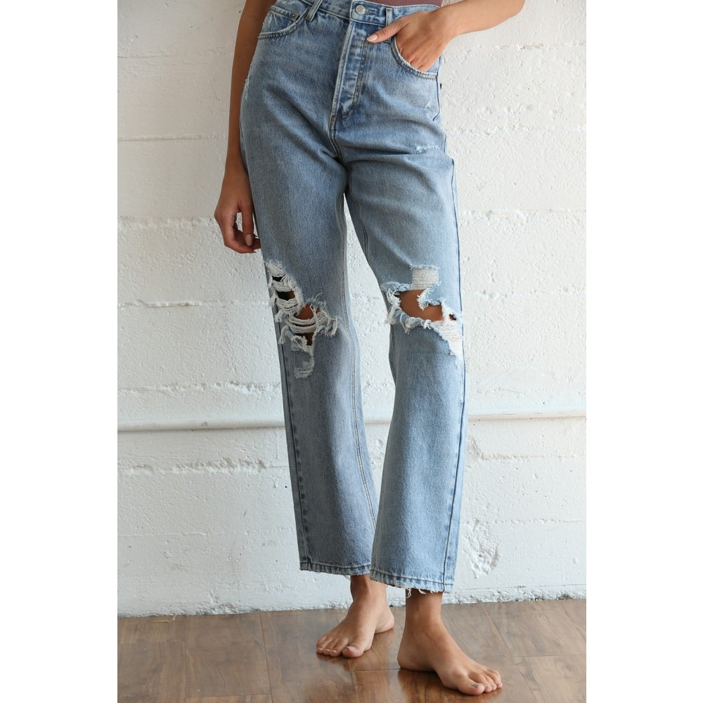 Distressed Denim Straight Jeans