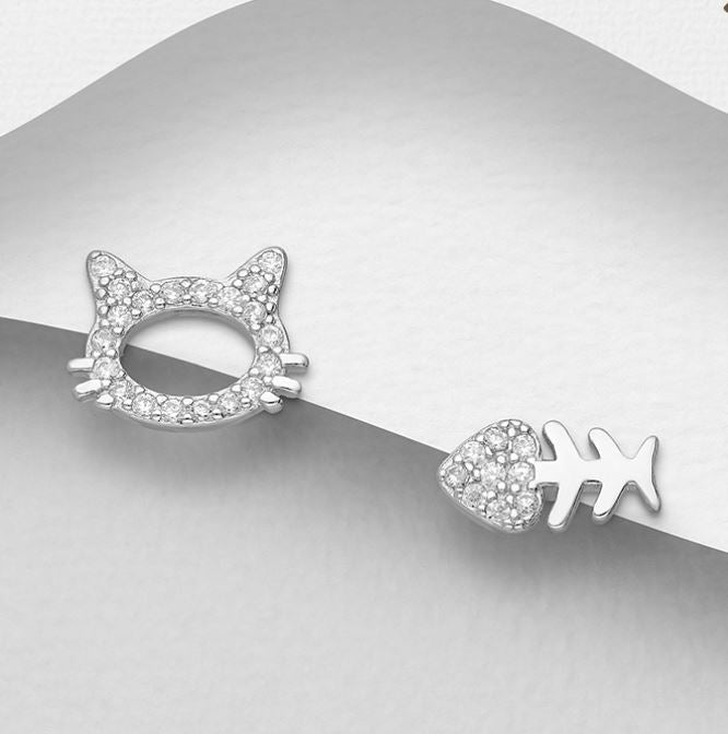 Silver CZ Cat & Fishbone Studs
