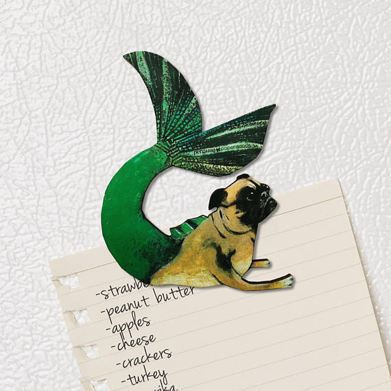 Mermaid Pug Wood Magnet