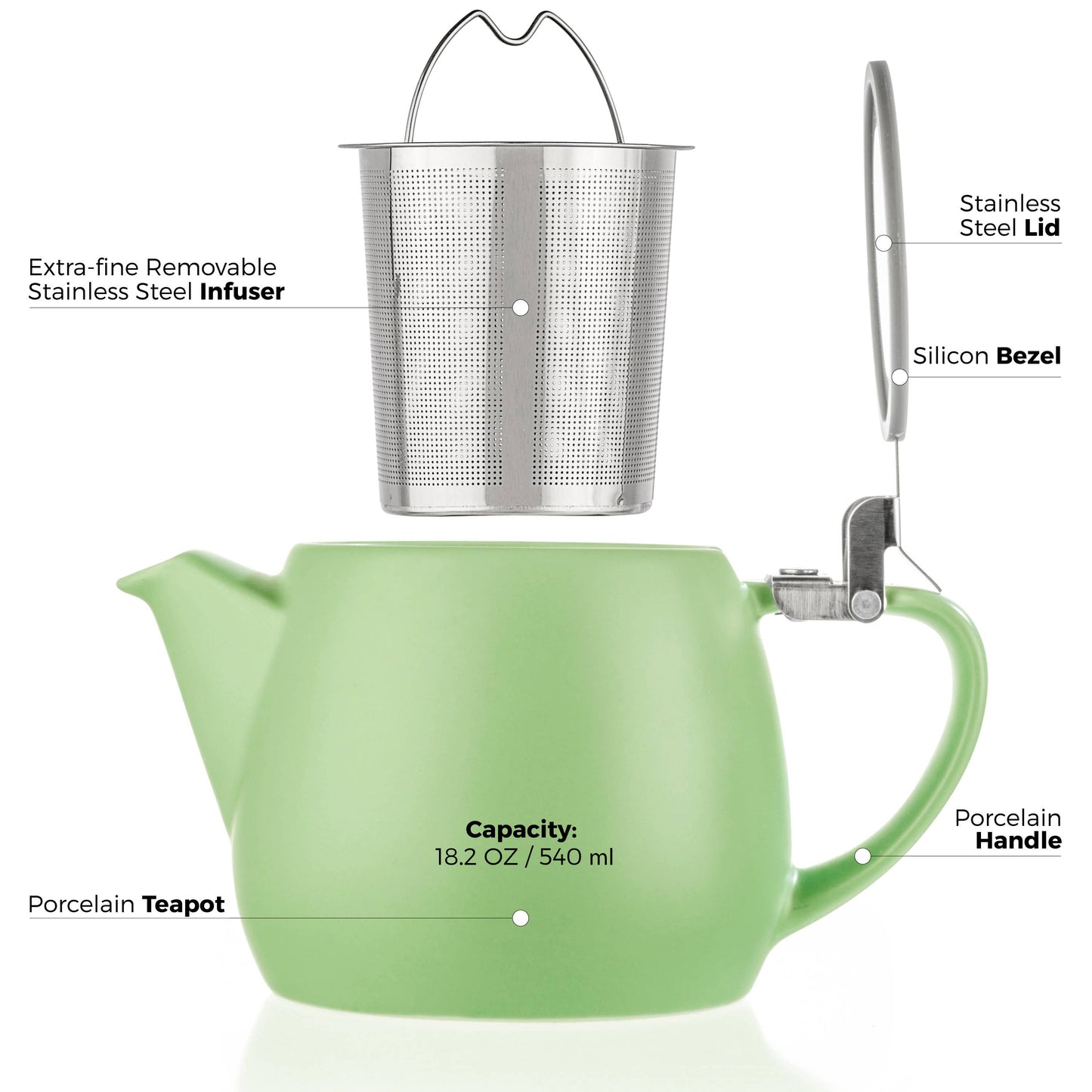 Lime Porcelain Teapot with Infuser Loose Tea 18.2 oz.