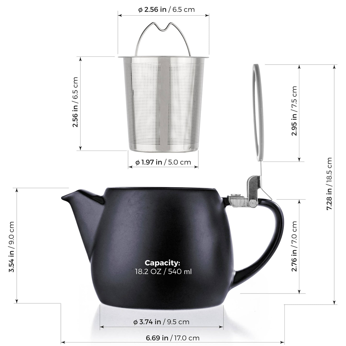 Black Porcelain Teapot Infuser 18.2 oz.