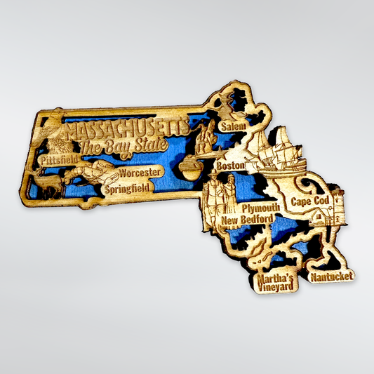 Massachusetts Map Bilevel Wood Souvenir Magnet