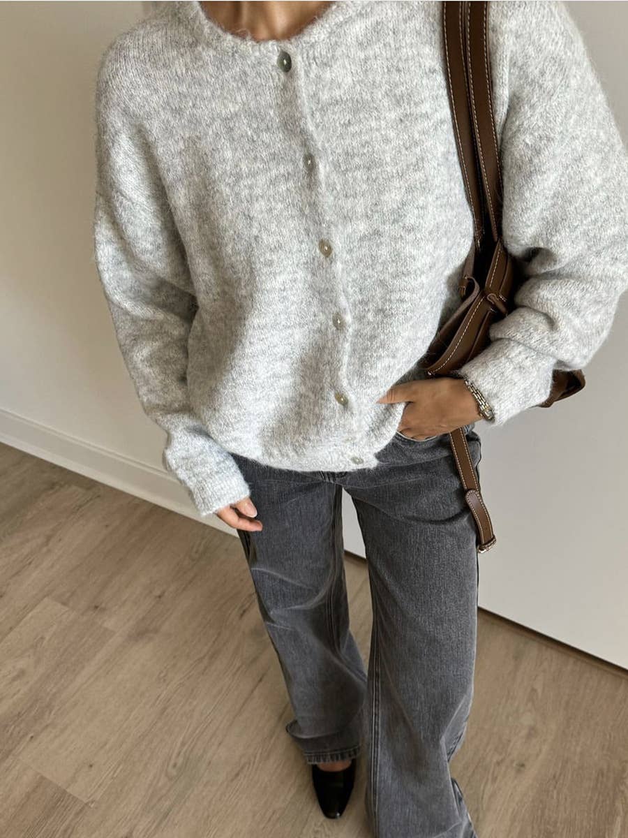 Grey Wool Round Neck Cardigan