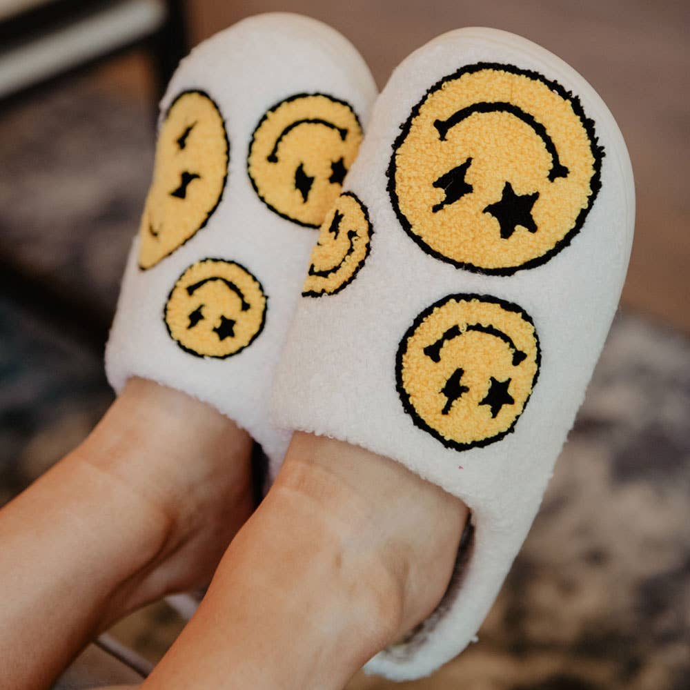 Star and Lightning Eyes Happy Faces Slippers: White / S/M
