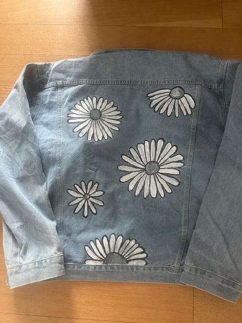 Grey Tone Daisies Handpainted Denim Jacket