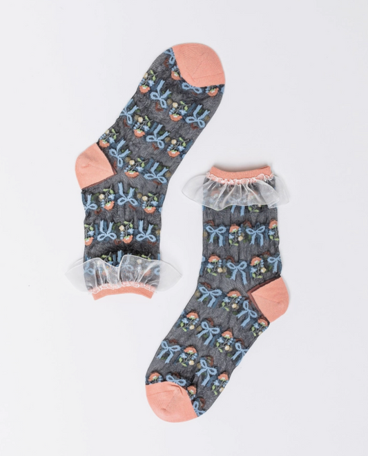 Floral Bow Ruffle Black Sheer Ankle Sock