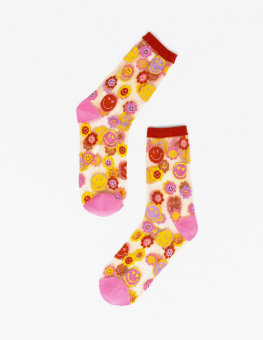 Smiley Face Daisy Sheer Crew Sock