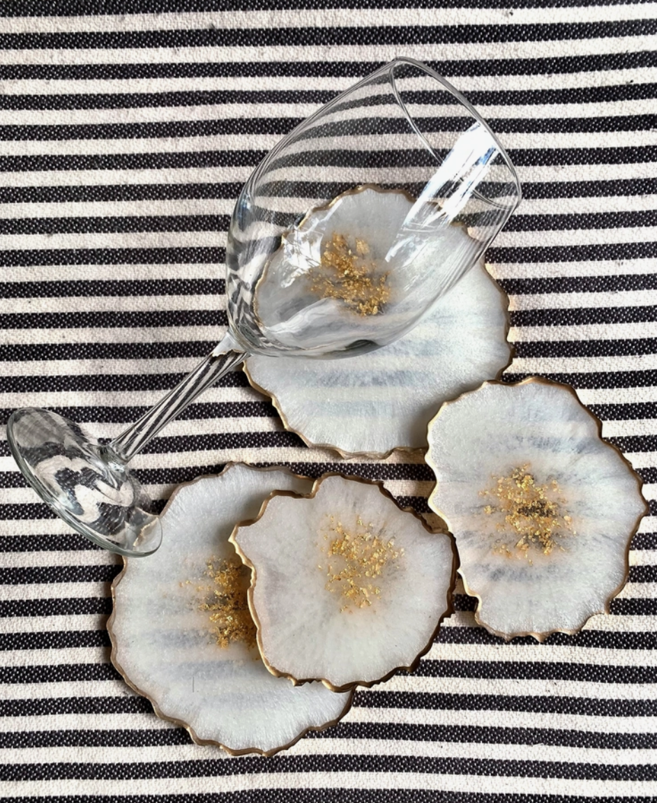 White + Gold Geode Resin Coasters