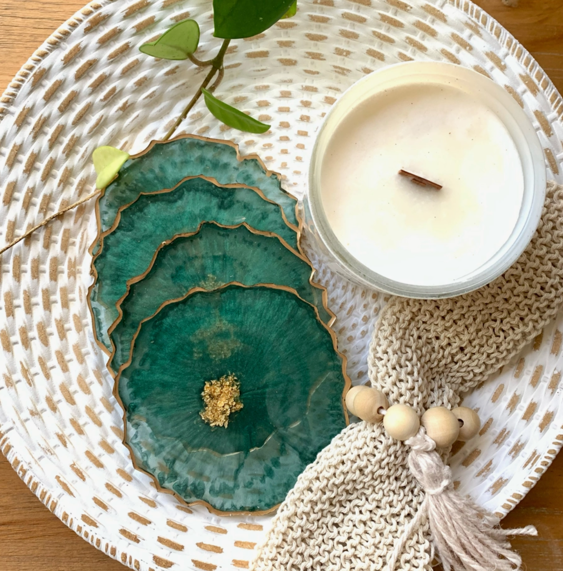 Emerald Green + Gold Geode Resin Coasters