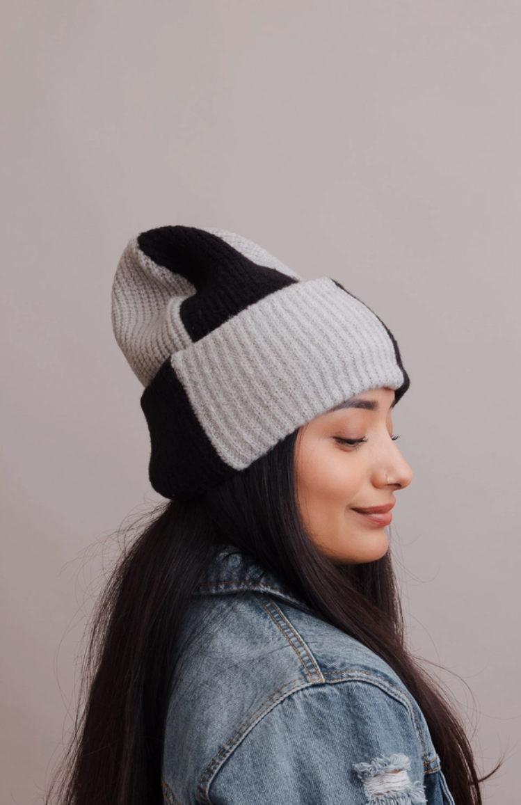 Upcycled Two Tone Checkered Beanie