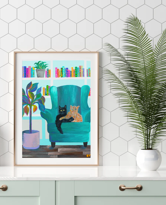 Cat Lounge Library Print