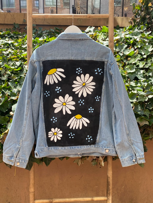 White & Yellow Daisies Handpainted Denim Jacket