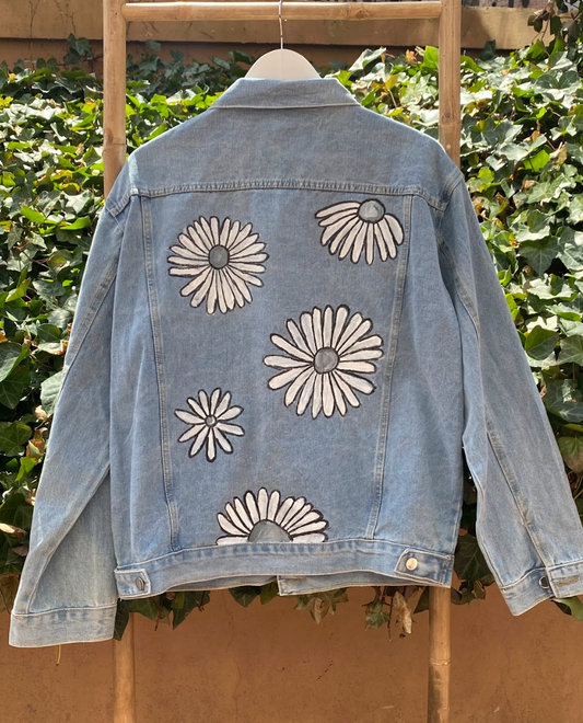 Grey Tone Daisies Handpainted Denim Jacket