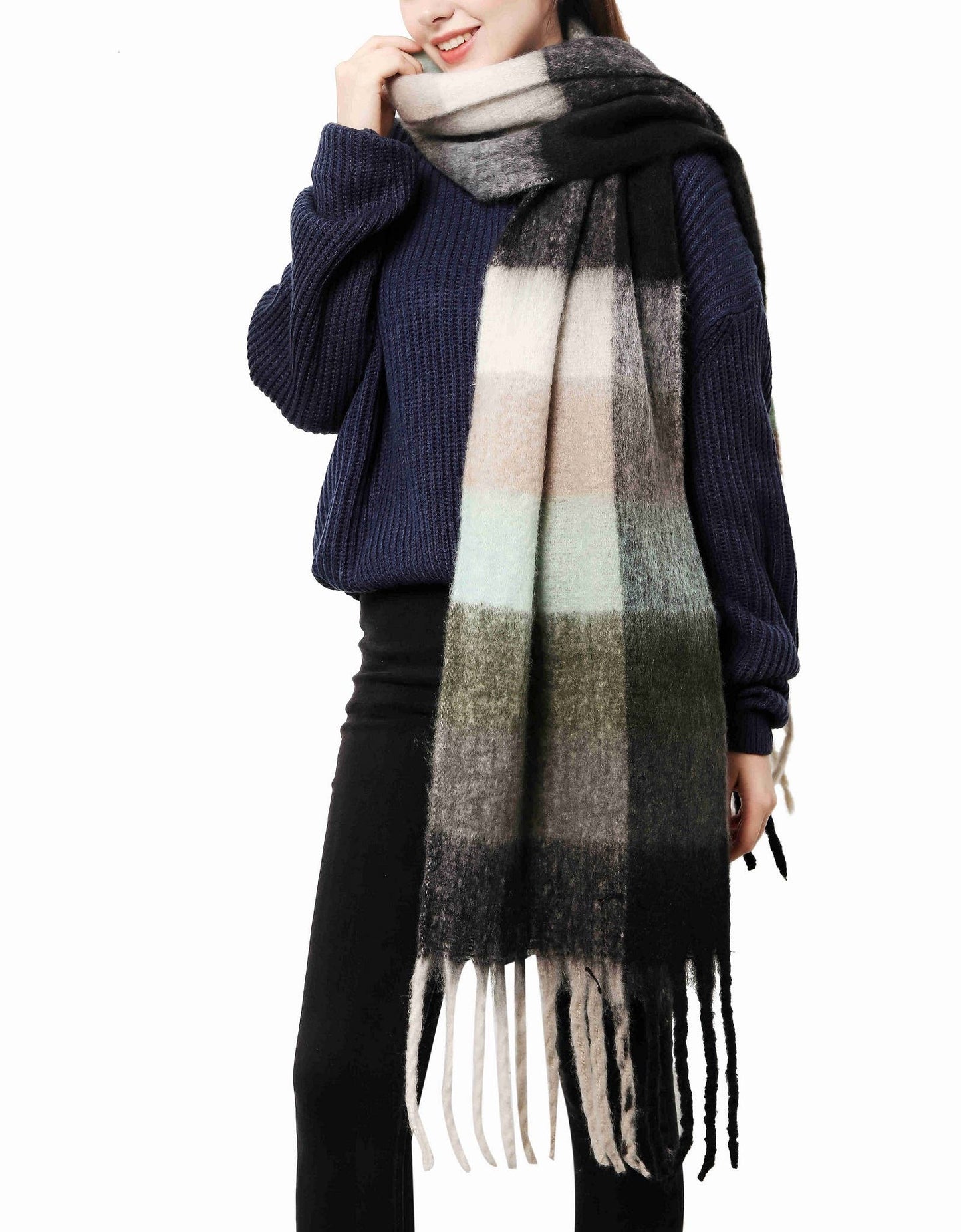 Black + Grey Plaid Oversized Scarf