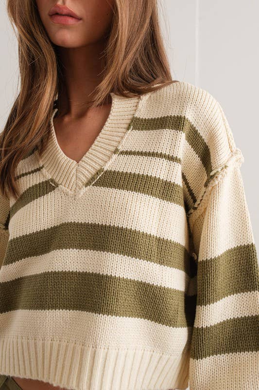 Olive V Neck Striped Sweater