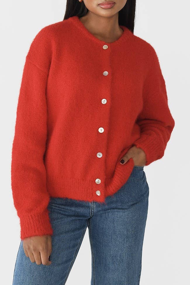 Red Round Neck Cardigan