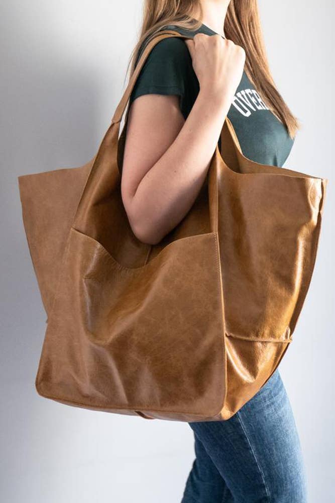 Brown Vegan Leather Large Tote Bag