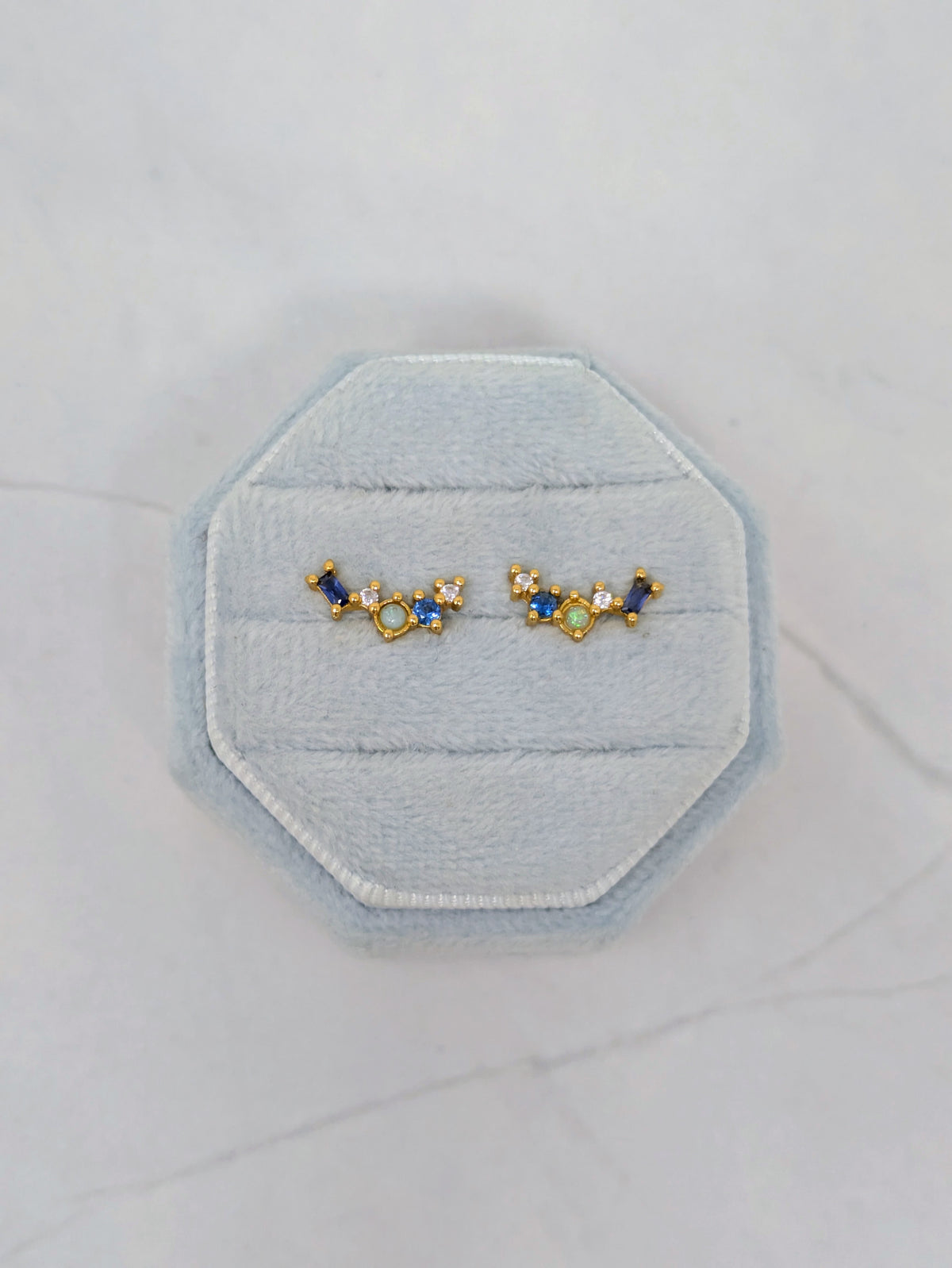 Yellow Gold Blue CZ + Opal Cluster Studs