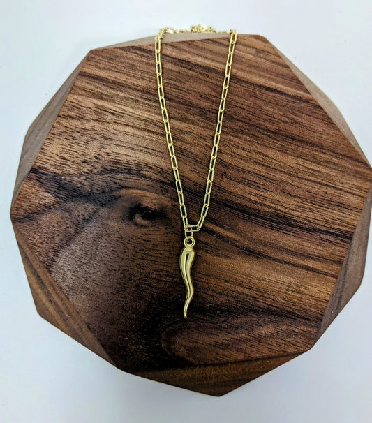 Large Gold Italian Horn Necklace with Paperclip Chain