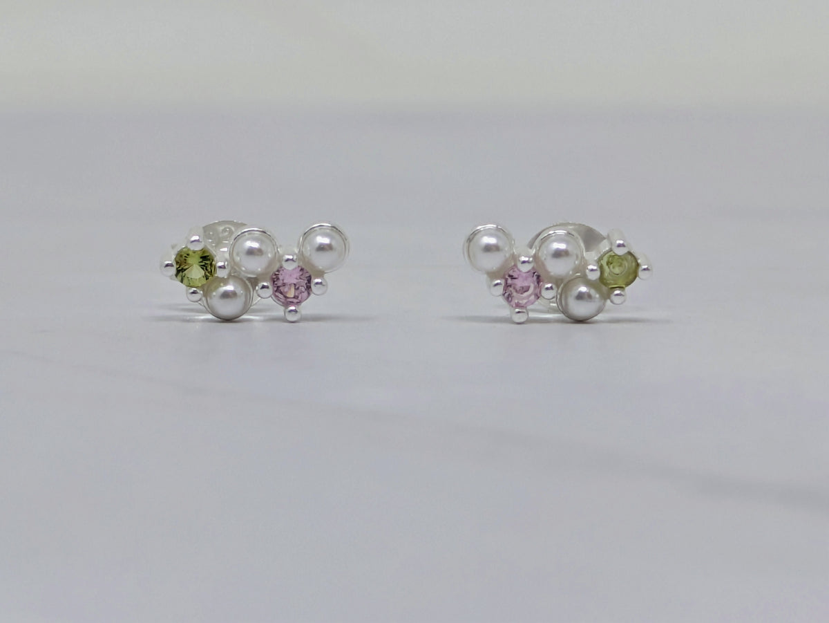 Silver Pearl, Peridot & Pink CZ Studs