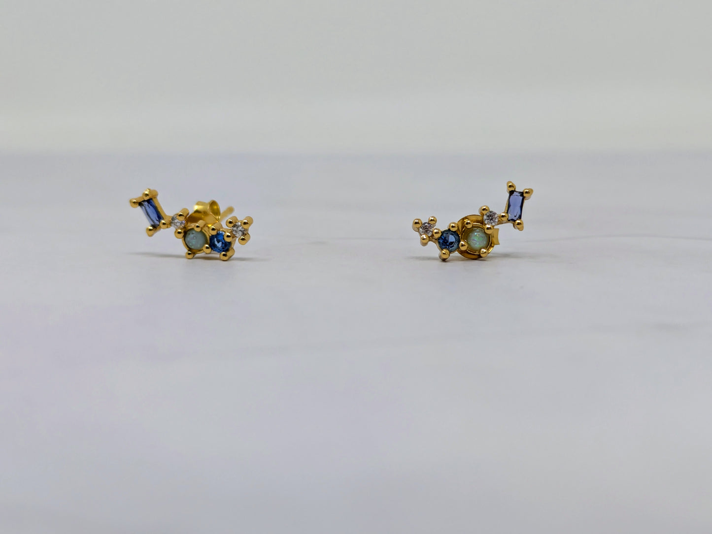 Yellow Gold Blue CZ + Opal Cluster Studs